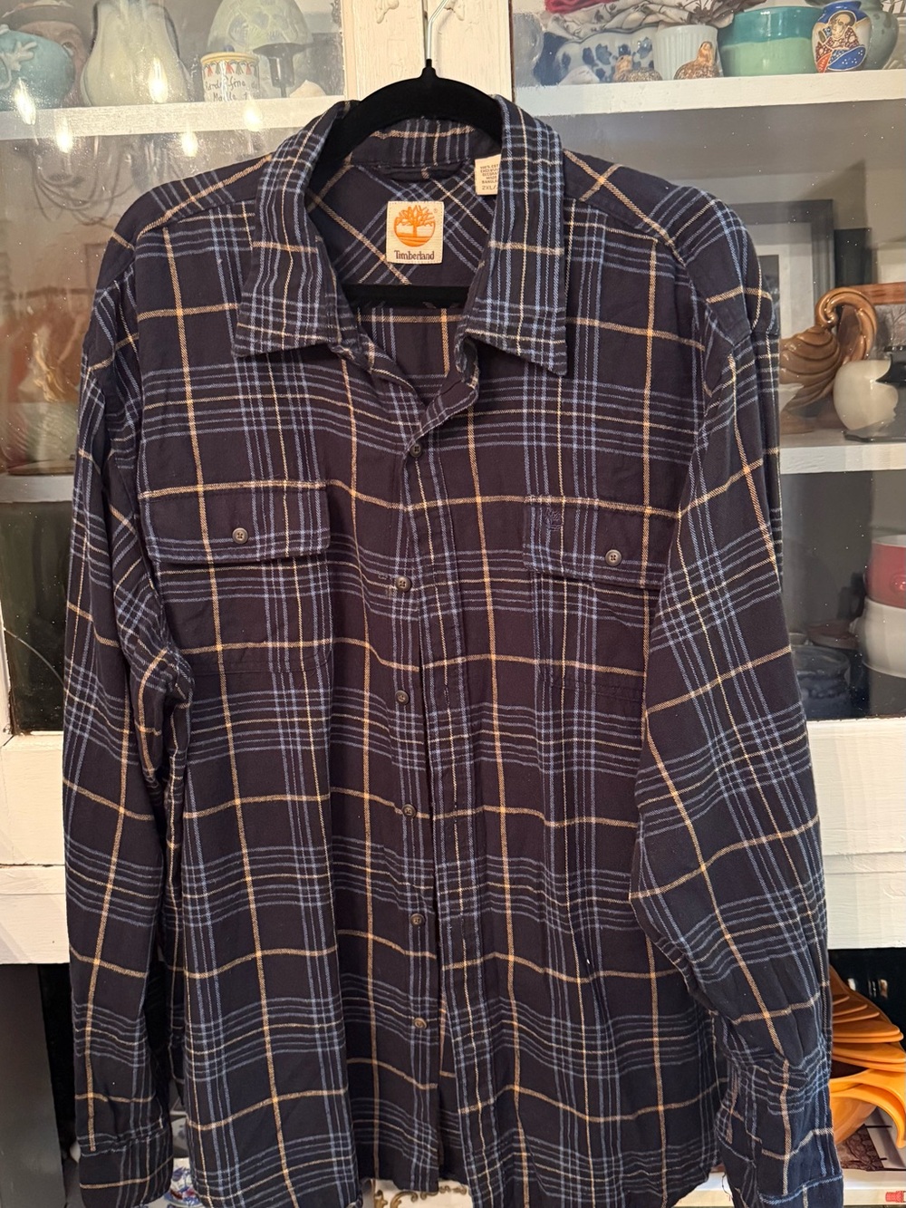 Timberland Navy and Tan Plaid Button-Down Shirt